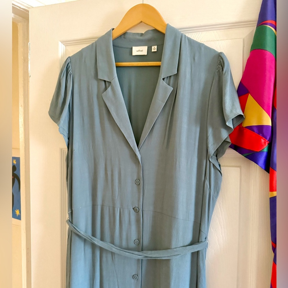 Wilfred Aritzia Shirt Dress Midi Blue Sage Belted Size XL Lined Pockets - Picture 3 of 8
